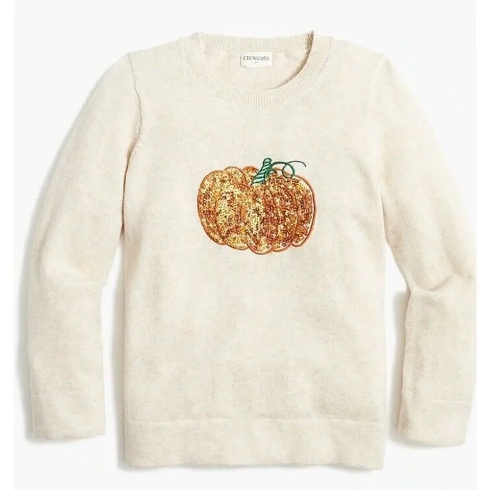 NWT Crewcuts Girls Teddie Cotton Pumpkin Sequin Lightweight Sweater Sz XL 12/14 - Picture 2 of 8